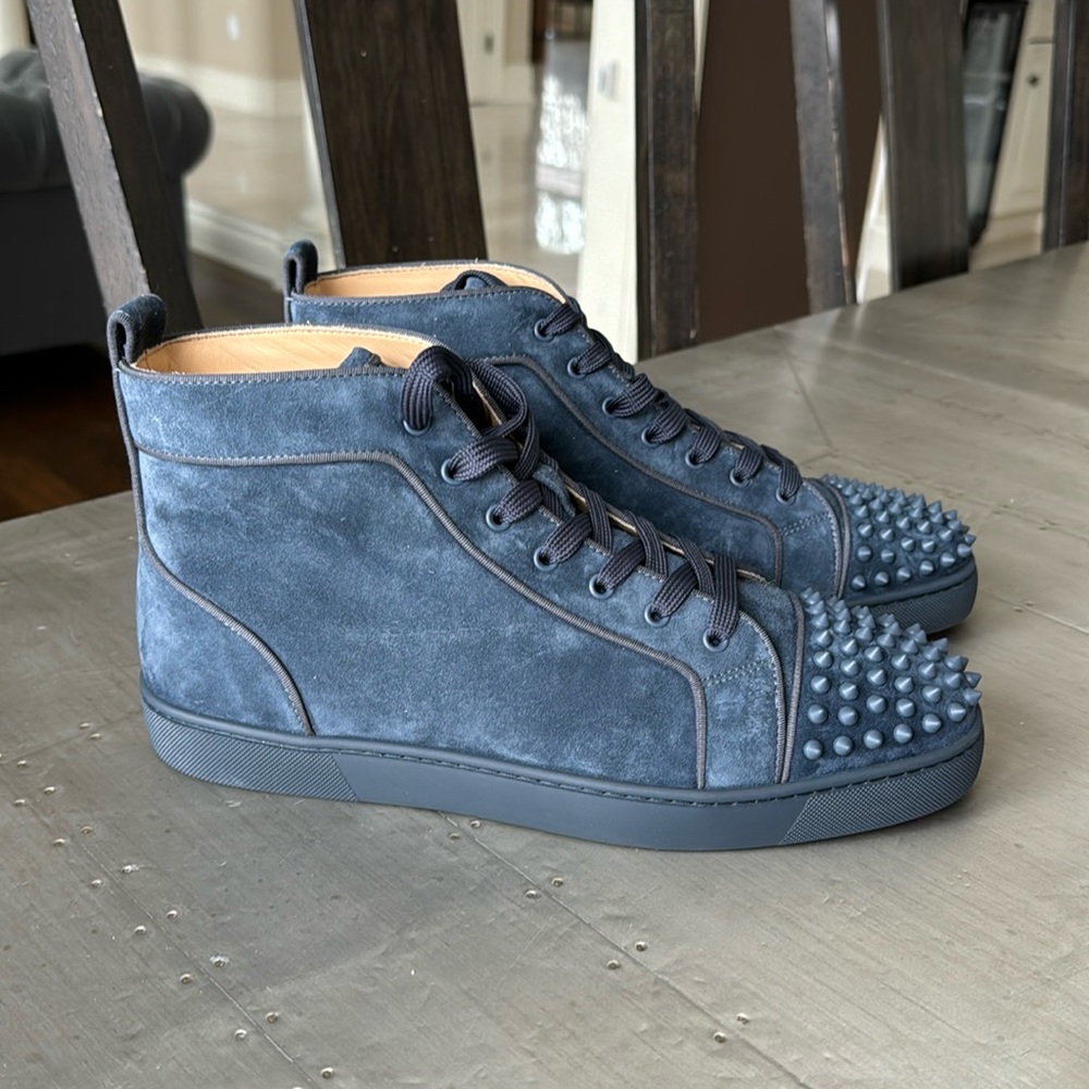 Christian Louboutin Lou spikes orlato blue rock Matt suede sneaker sz 46